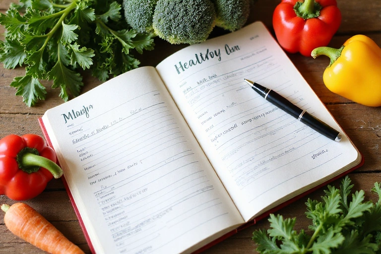 Zdjęcie przedstawiające notes z planem diety i warzywa, symbolizujące zdrową dietę i planowanie
